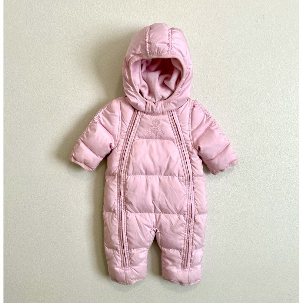 Ralph Lauren Baby Girl Bubble Gum Pink Snowsuit Jumper Monogram 9M 60% Down Puff